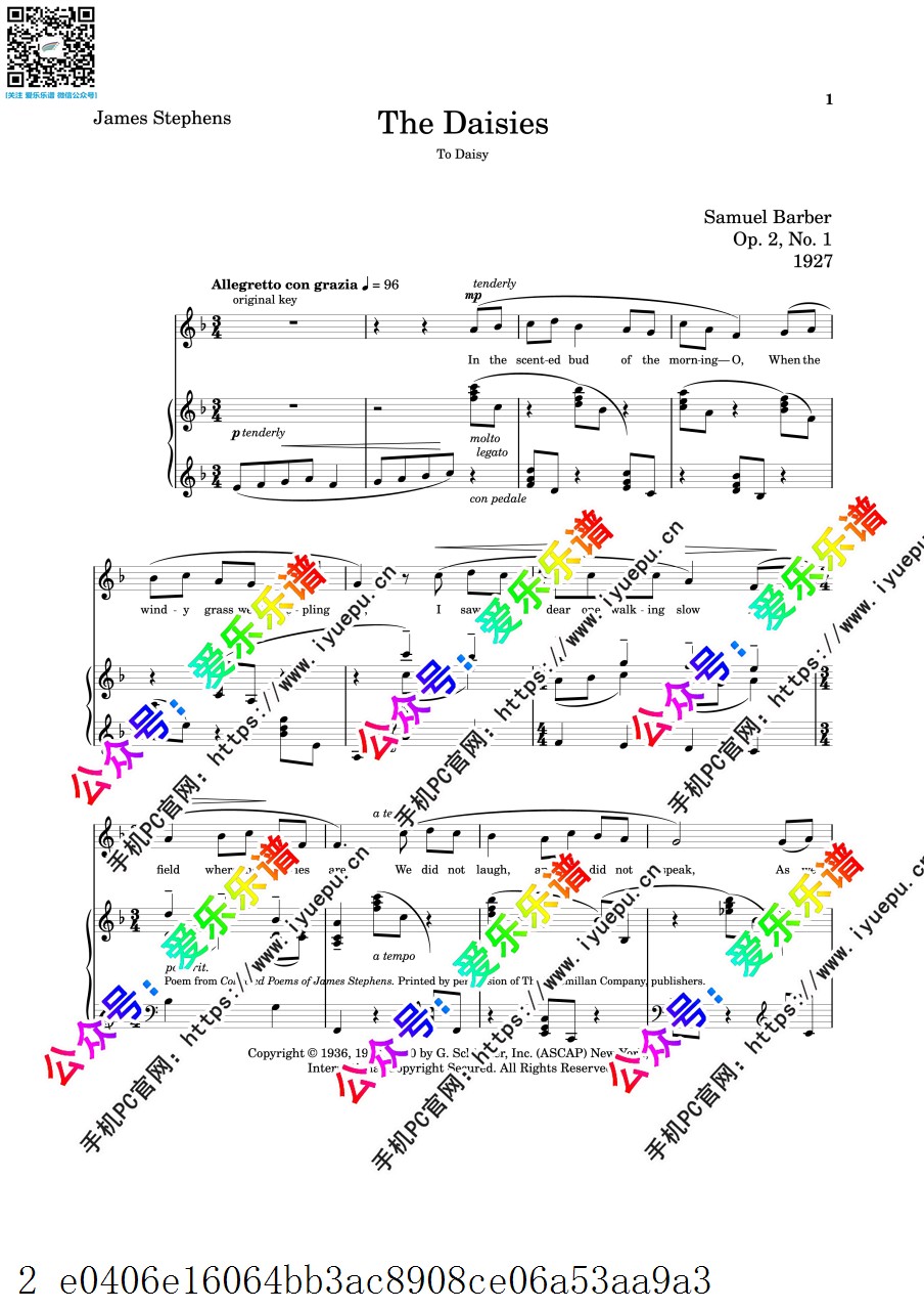 Barber -The Daisies 巴伯 雏菊 声乐钢琴伴奏正谱 乐谱曲谱总谱分谱伴奏音乐在线预览试听下载