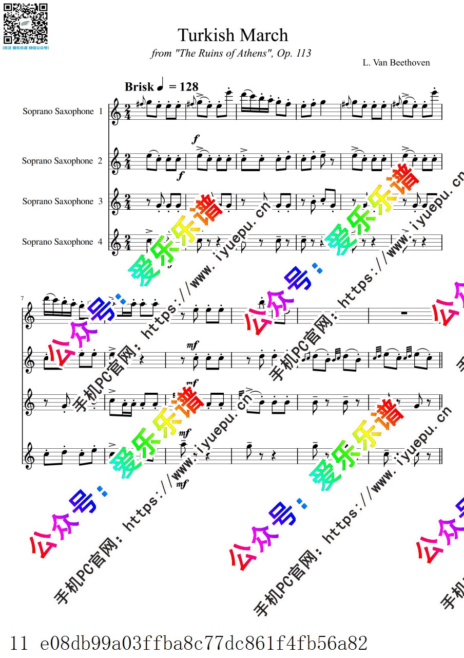 贝多芬 土耳其进行曲 Turkish March 4高音萨克斯四重奏-总谱与分谱 乐谱曲谱总谱分谱伴奏音乐在线预览试听下载