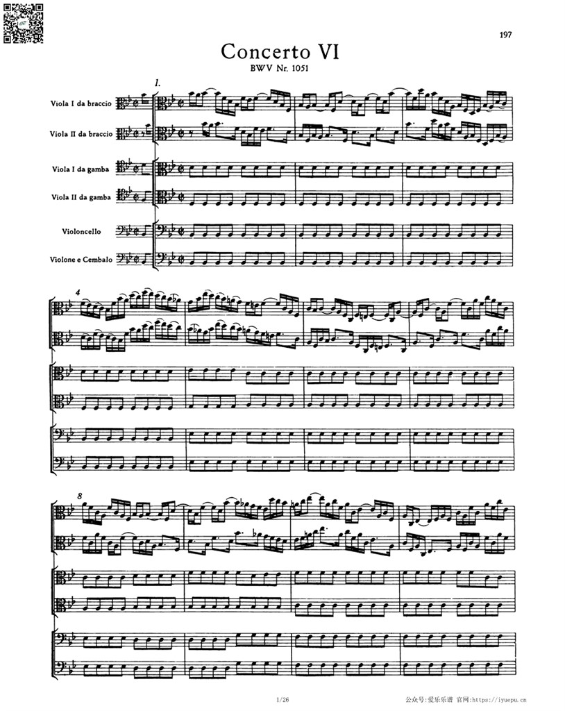 巴赫BWV1051 第六勃兰登堡协奏曲 4中提琴大提琴低音提琴六重奏总谱-3 乐谱曲谱总谱分谱伴奏音乐在线预览试听下载
