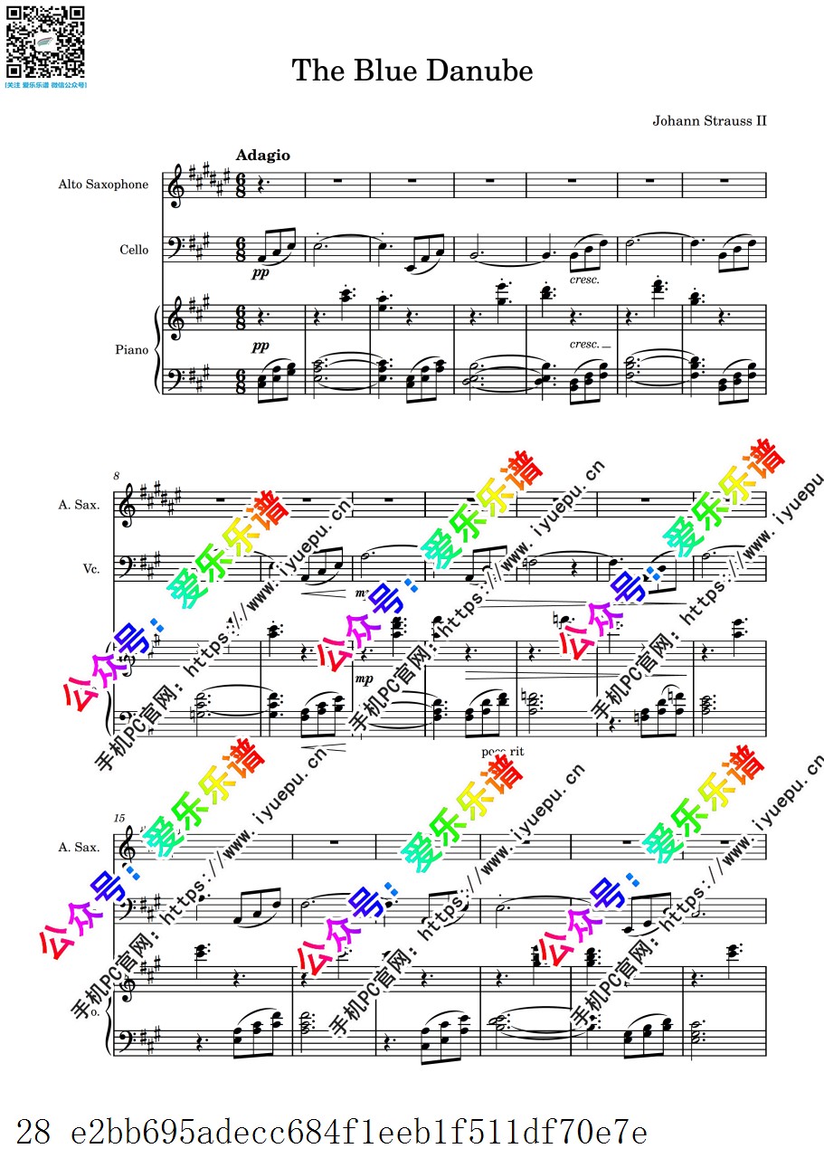 施特劳斯 蓝色多瑙河圆舞曲 Blue Danube waltz 中音萨克斯大提琴钢琴三重奏-总谱和分谱 乐谱曲谱总谱分谱伴奏音乐在线预览试听下载