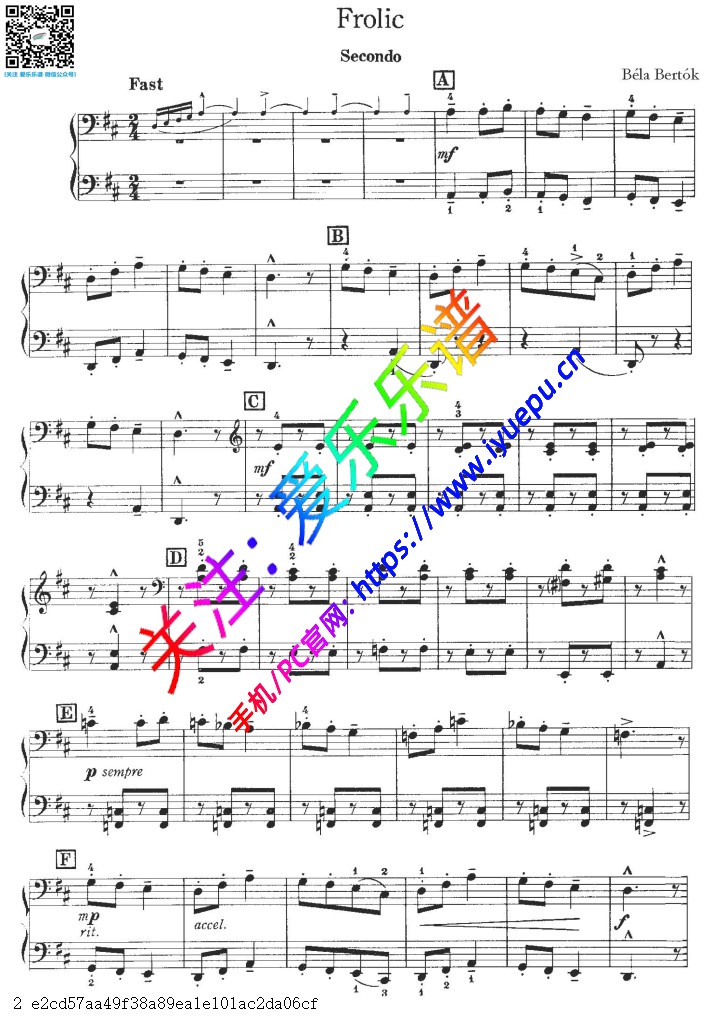 贝托克 嬉戏Frolic  钢琴四手联弹谱 钢琴二重奏谱 乐谱曲谱总谱分谱伴奏音乐在线预览试听下载
