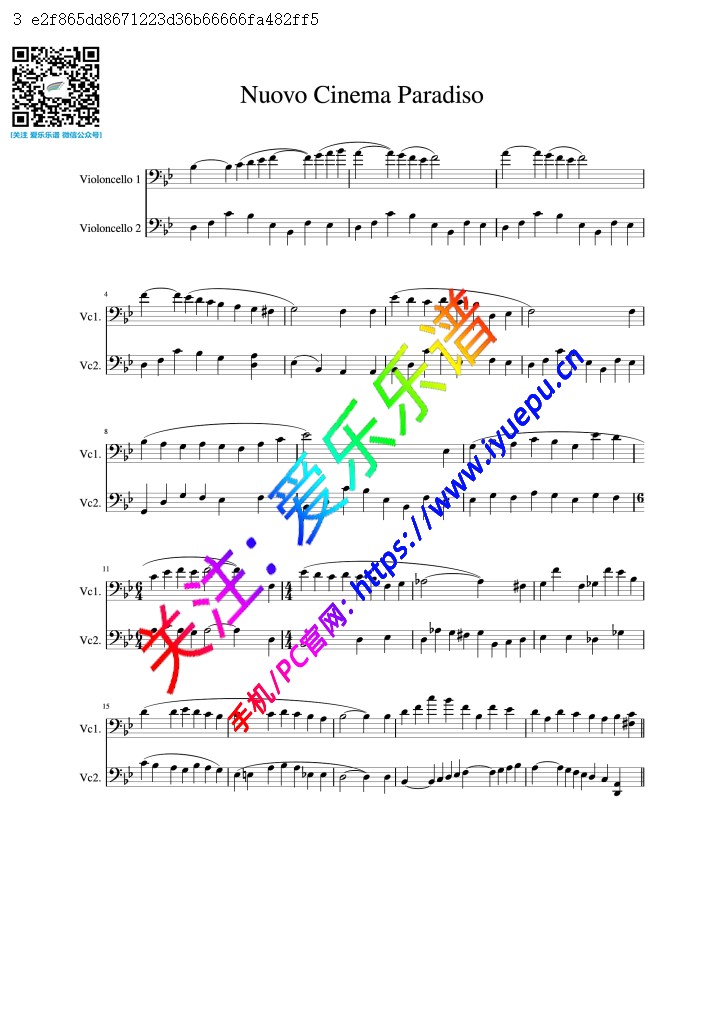 莫里康 天堂电影院 Cinema Paradiso 大提琴二重奏 总谱 乐谱曲谱总谱分谱伴奏音乐在线预览试听下载