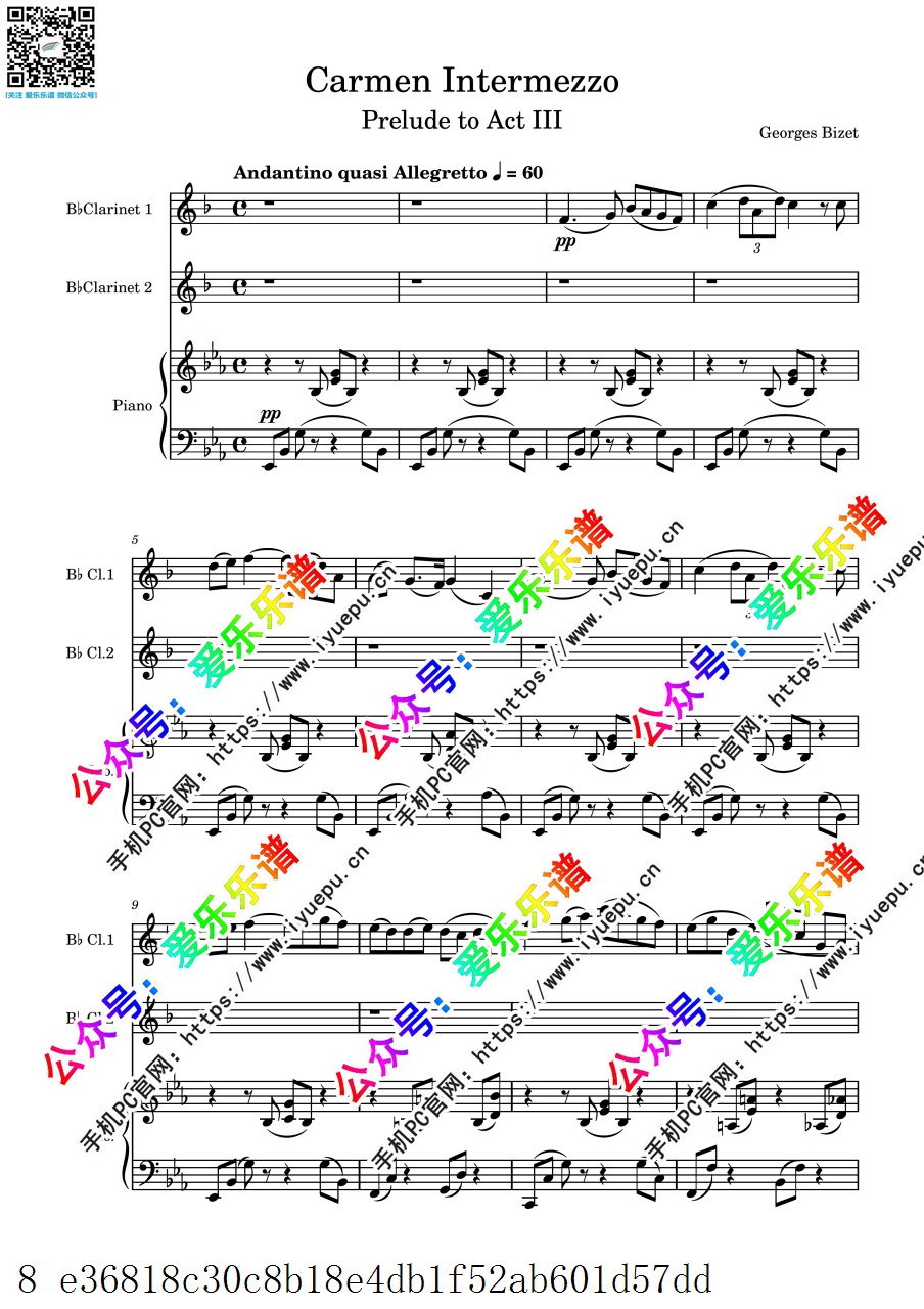 比才 卡门间奏曲 Carmen Intermezzo 2单簧管钢琴三重奏 -总谱与分谱 乐谱曲谱总谱分谱伴奏音乐在线预览试听下载