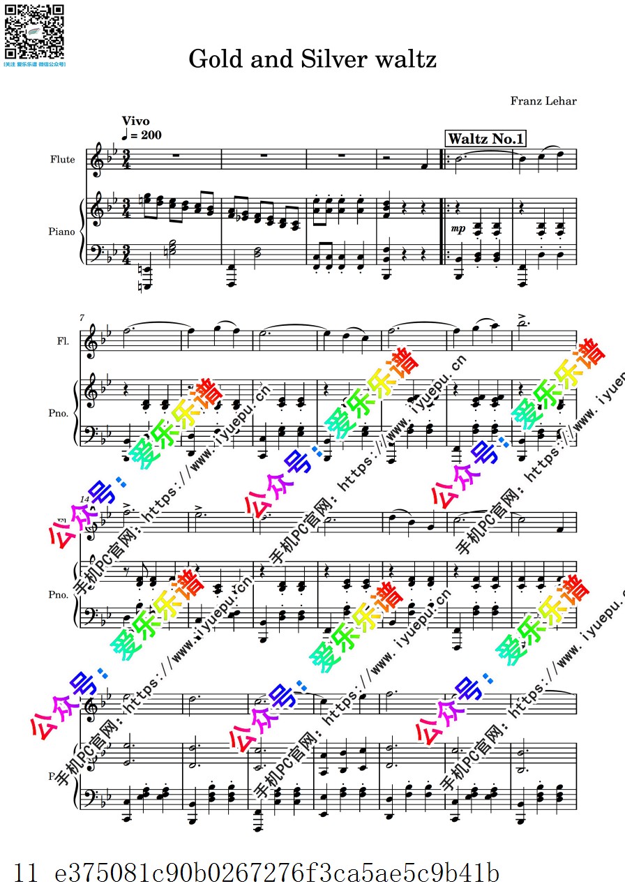 Lehar 莱哈尔 金与银圆舞曲 Op.79 Gold und Silver 长笛谱与钢琴伴奏谱 乐谱曲谱总谱分谱伴奏音乐在线预览试听下载