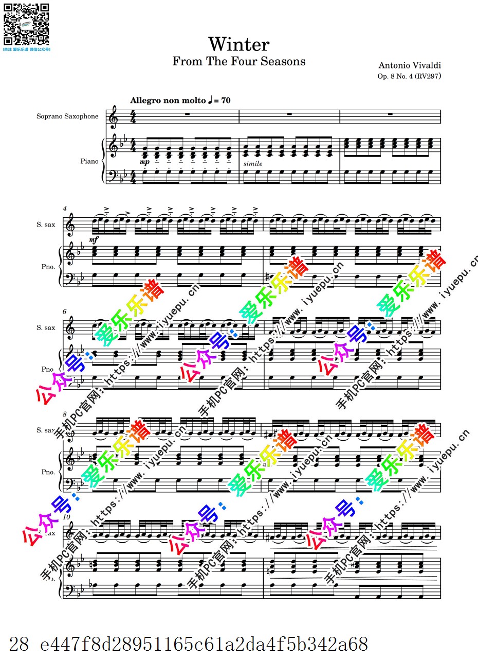 Vivaldi 维瓦尔第 四季 冬 Winter OP.8 No.4 RV297 高音萨克谱与钢琴伴奏谱 官版 乐谱曲谱总谱分谱伴奏音乐在线预览试听下载