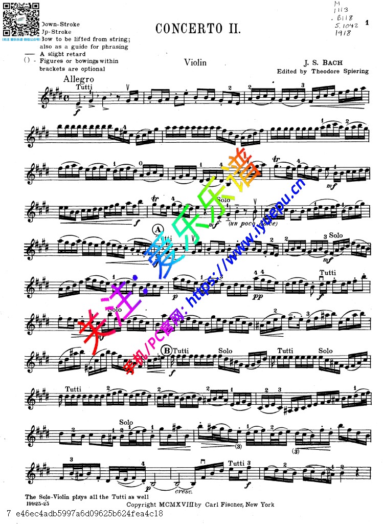 巴赫E大调第二协奏曲 BWV1042 小提琴谱 CF 乐谱曲谱总谱分谱伴奏音乐在线预览试听下载