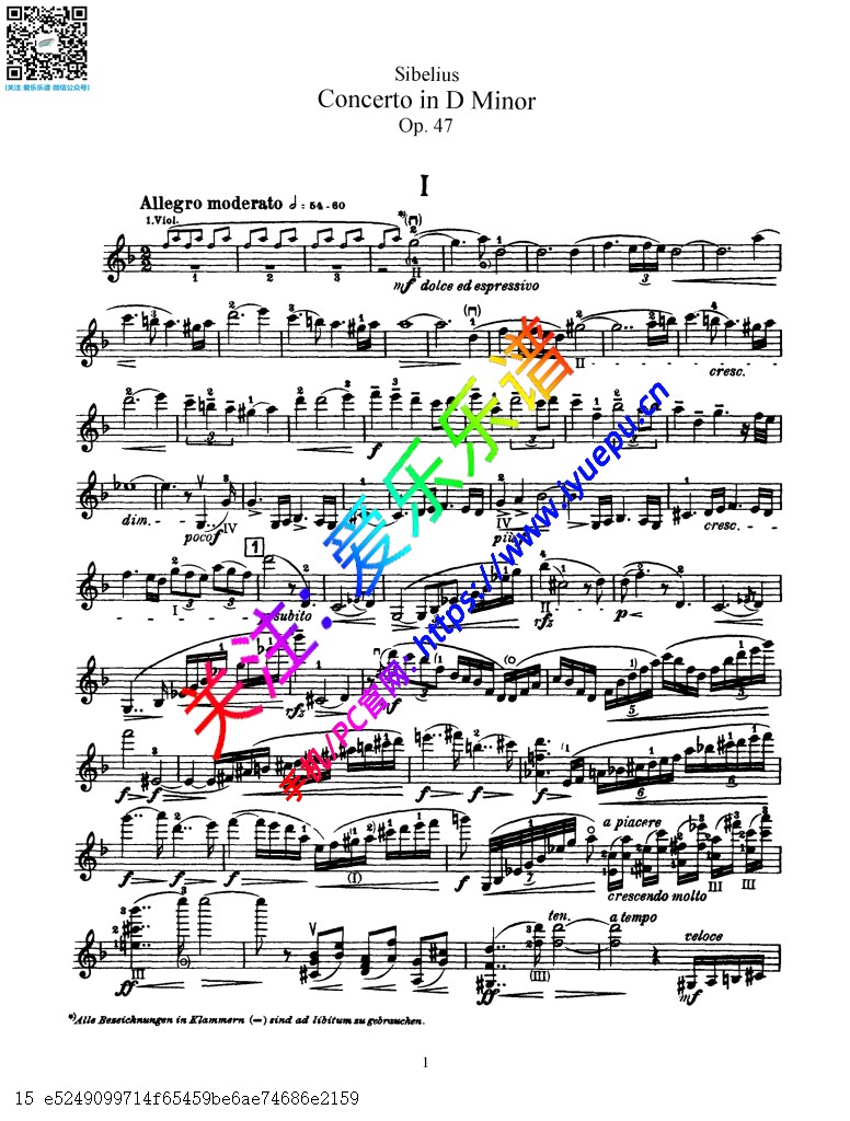 Sibelius西贝柳斯 D小调小提琴协奏曲 小提琴谱 乐谱曲谱总谱分谱伴奏音乐在线预览试听下载