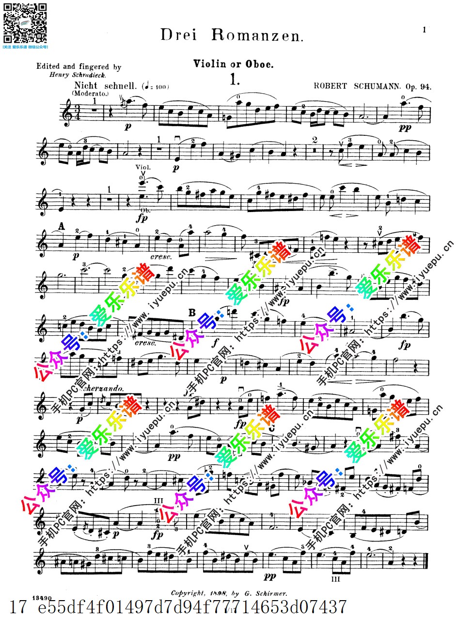 Schumann舒曼 三首浪漫曲 3Romanzen Op.94 小提琴(双簧管)谱与钢琴伴奏谱 总分谱 乐谱曲谱总谱分谱伴奏音乐在线预览试听下载