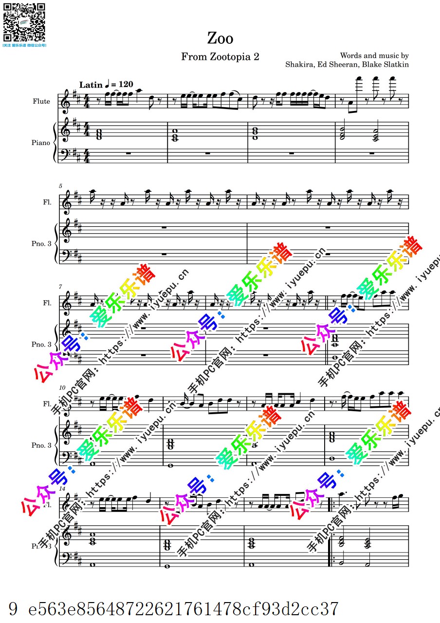 Zootopia2 疯狂动物城2主题曲 Zoo 长笛谱与钢琴伴奏谱 乐谱曲谱总谱分谱伴奏音乐在线预览试听下载
