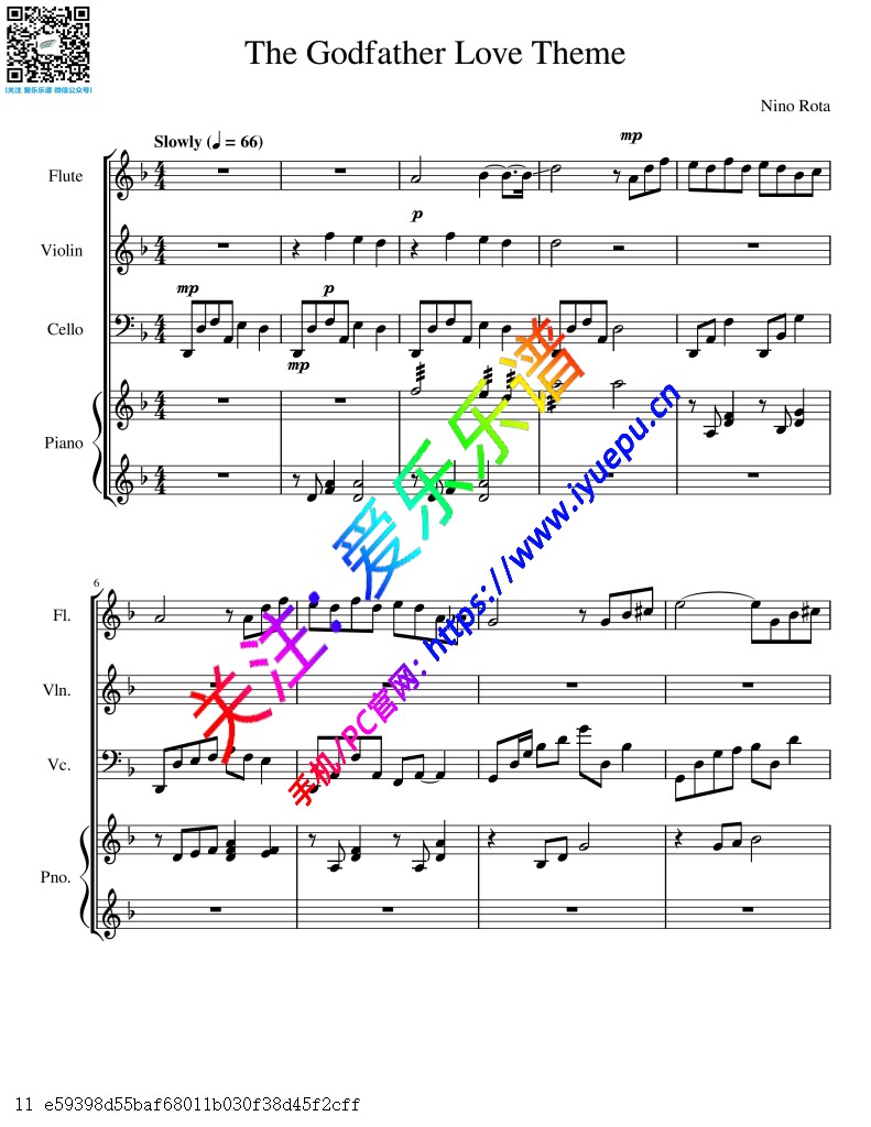 教父-爱的主题 The godfather love theme 长笛小提琴大提琴钢琴四重奏 总谱分谱 乐谱曲谱总谱分谱伴奏音乐在线预览试听下载