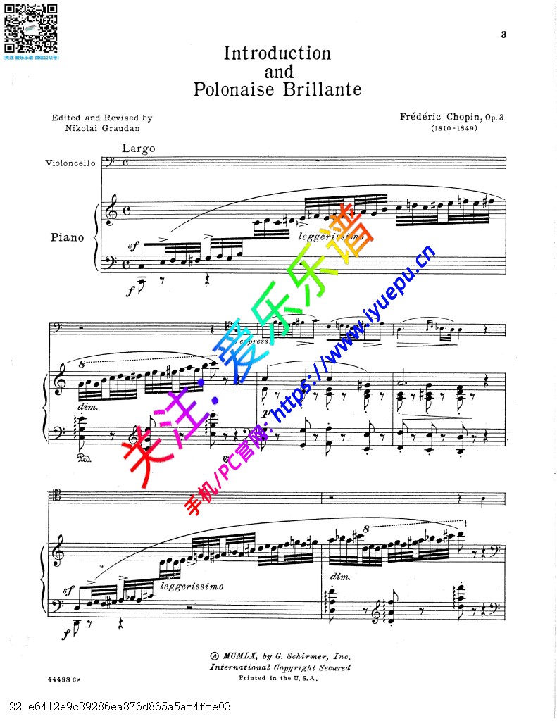 Chopin 肖邦C大调引子与辉煌的波兰舞曲 Polonaise Brillante Op3 大提琴钢琴伴奏谱 G. Schirmer 乐谱曲谱总谱分谱伴奏音乐在线预览试听下载