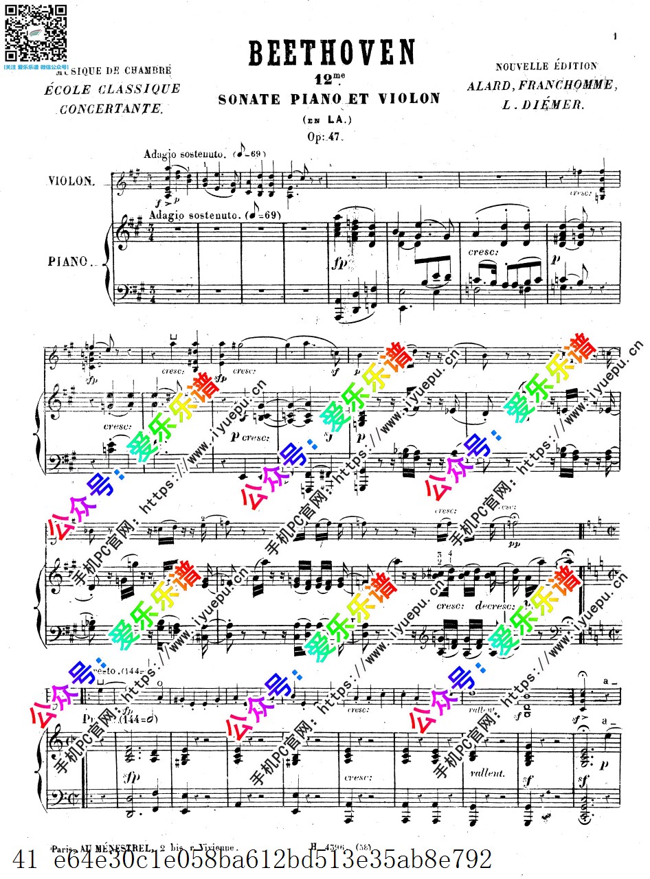 贝多芬克莱采奏鸣曲 Beethoven Kreutzer Sonata No9 Op47 钢琴伴奏总谱 乐谱曲谱总谱分谱伴奏音乐在线预览试听下载