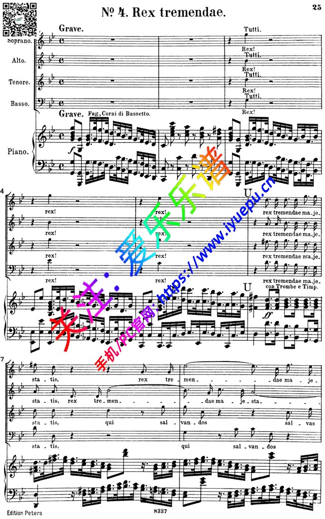 mozart requiem莫扎特D小调安魂弥撒曲KV626 No4 Rex tremendae钢琴伴奏四声部合唱谱Peters 乐谱曲谱总谱分谱伴奏音乐在线预览试听下载
