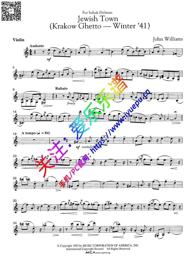 Williams 辛德勒的名单 插曲 Jewish Town 小提琴谱 乐谱曲谱总谱分谱伴奏音乐在线预览试听下载