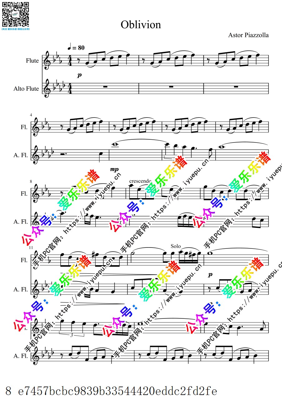Piazzolla 皮亚佐拉 Oblivion 遗忘 长笛与中音长笛二重奏 总谱分谱 乐谱曲谱总谱分谱伴奏音乐在线预览试听下载