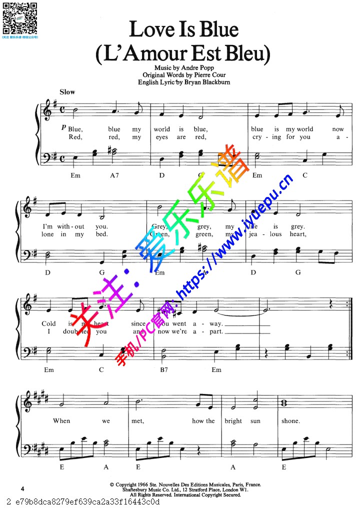 Love is blue 歌曲 钢琴谱 乐谱曲谱总谱分谱伴奏音乐在线预览试听下载