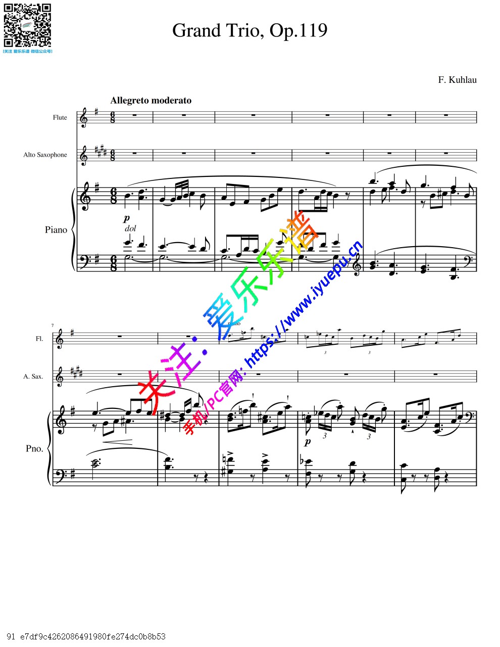 Kuhlau 库劳 Grand Trio  Op.119 长笛萨克斯钢琴三重奏-总谱与分谱 乐谱曲谱总谱分谱伴奏音乐在线预览试听下载