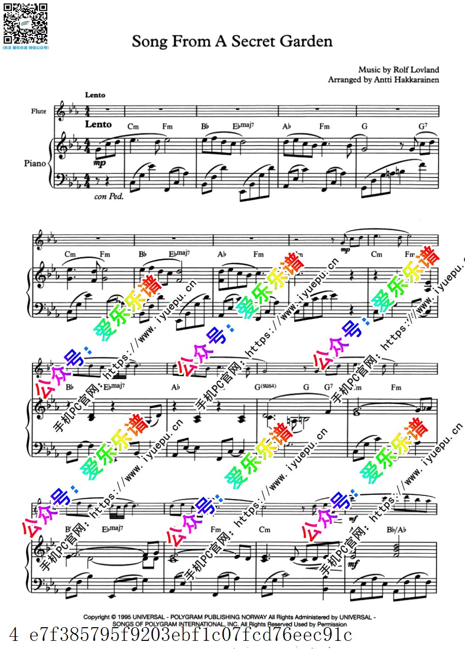 神秘园之歌 Song from A Secret Garden 长笛分谱与钢琴伴奏谱 乐谱曲谱总谱分谱伴奏音乐在线预览试听下载