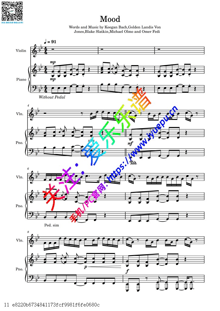 流行乐 24kGoldn - Mood 小提琴谱与钢琴伴奏谱 乐谱曲谱总谱分谱伴奏音乐在线预览试听下载