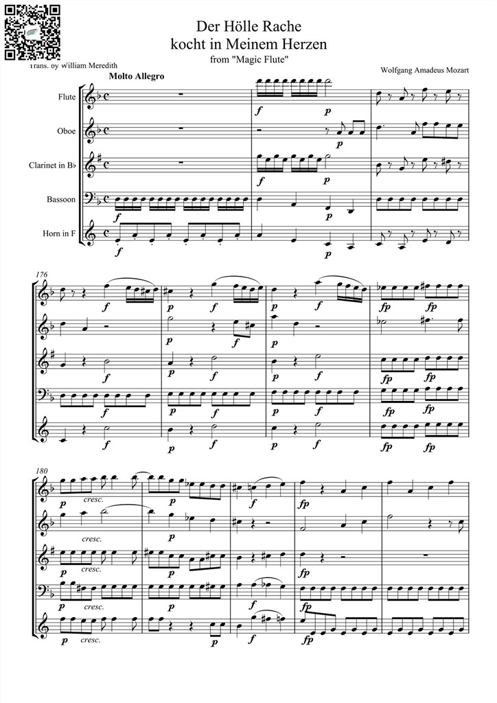 莫扎特 Der Holle Rache kocht in Meinem Herzen 木管五重奏总谱 乐谱曲谱总谱分谱伴奏音乐在线预览试听下载