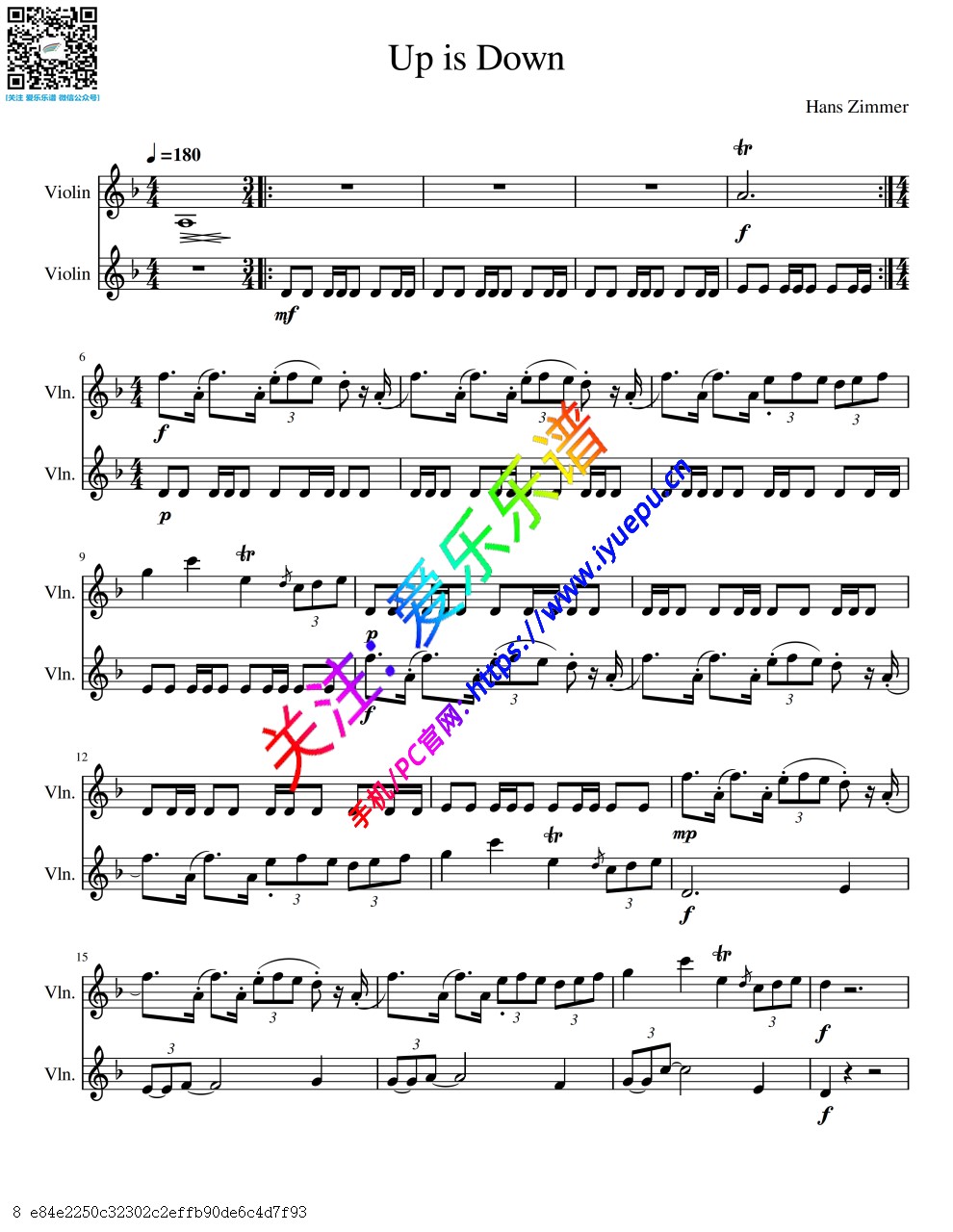 加勒比海盗插曲 Up Is Down 双小提琴二重奏-总谱与分谱 乐谱曲谱总谱分谱伴奏音乐在线预览试听下载