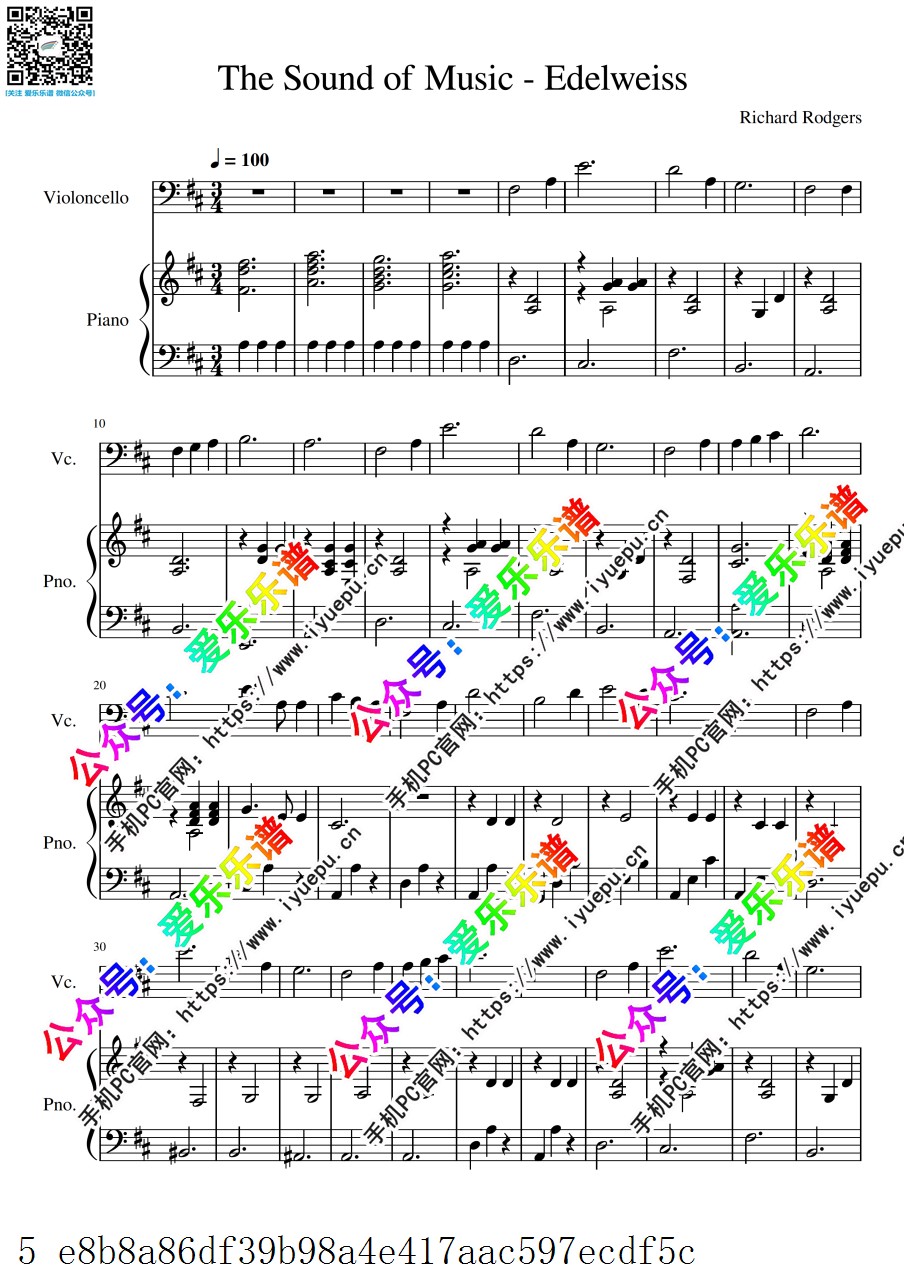雪绒花Edelweiss 音乐之声The Sound of Music 大提琴谱与钢琴伴奏谱 in D 总分谱 乐谱曲谱总谱分谱伴奏音乐在线预览试听下载