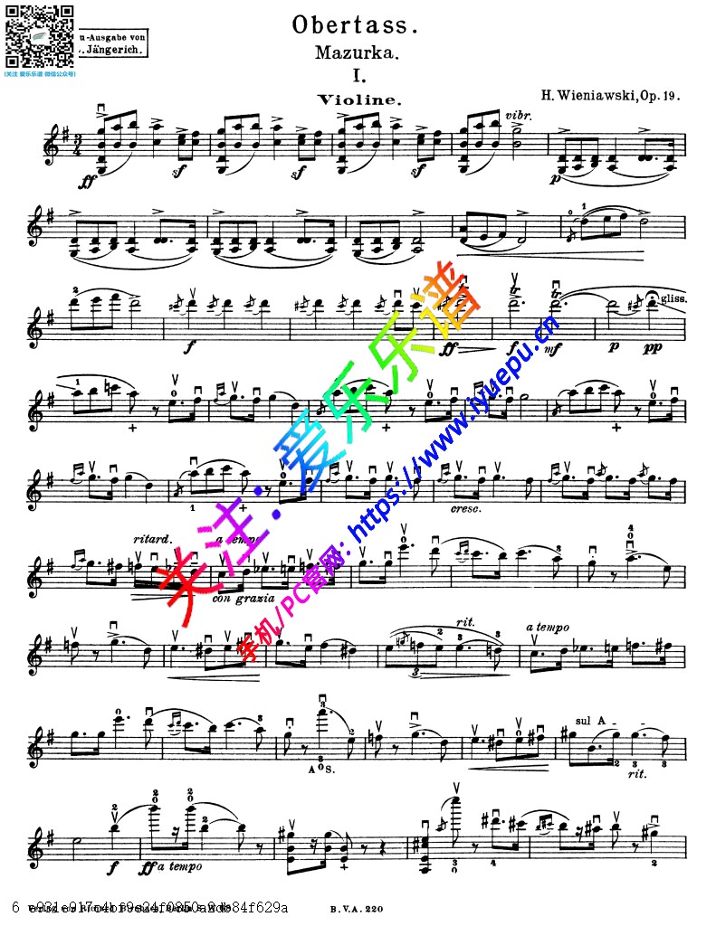 Wieniawski维尼亚夫斯基 玛祖卡Mazurka in G Major Op.19 No.1 Obertass 小提琴谱钢琴伴奏谱 RJ版 乐谱曲谱总谱分谱伴奏音乐在线预览试听下载