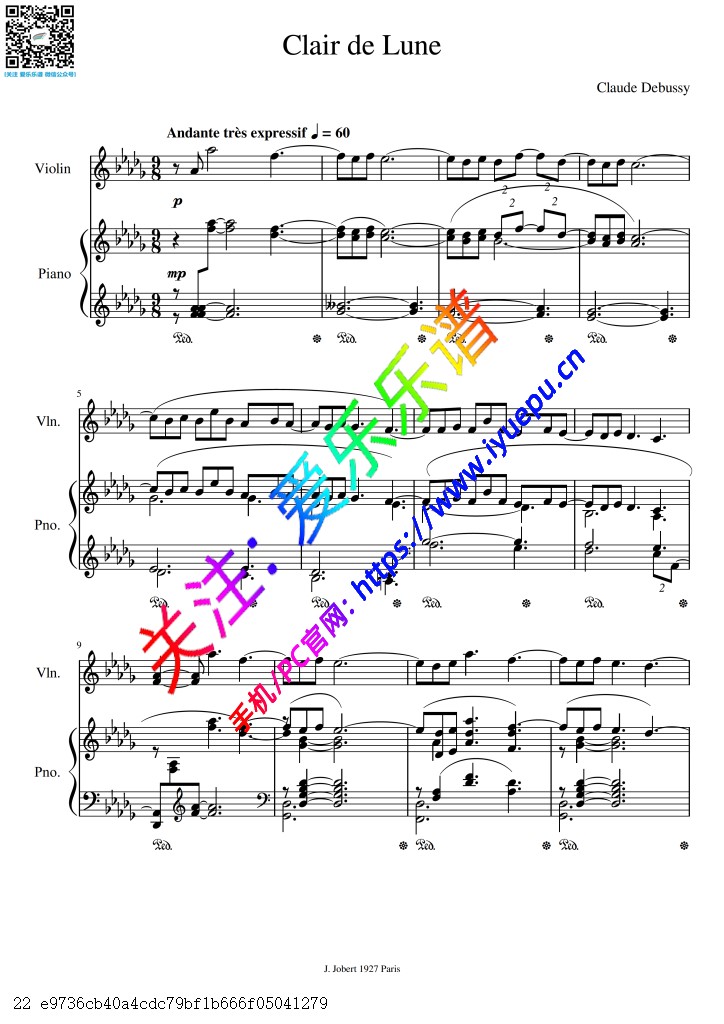 Debussy 德彪西 Clair de lune 月光曲 小提琴谱与钢琴伴奏谱 乐谱曲谱总谱分谱伴奏音乐在线预览试听下载