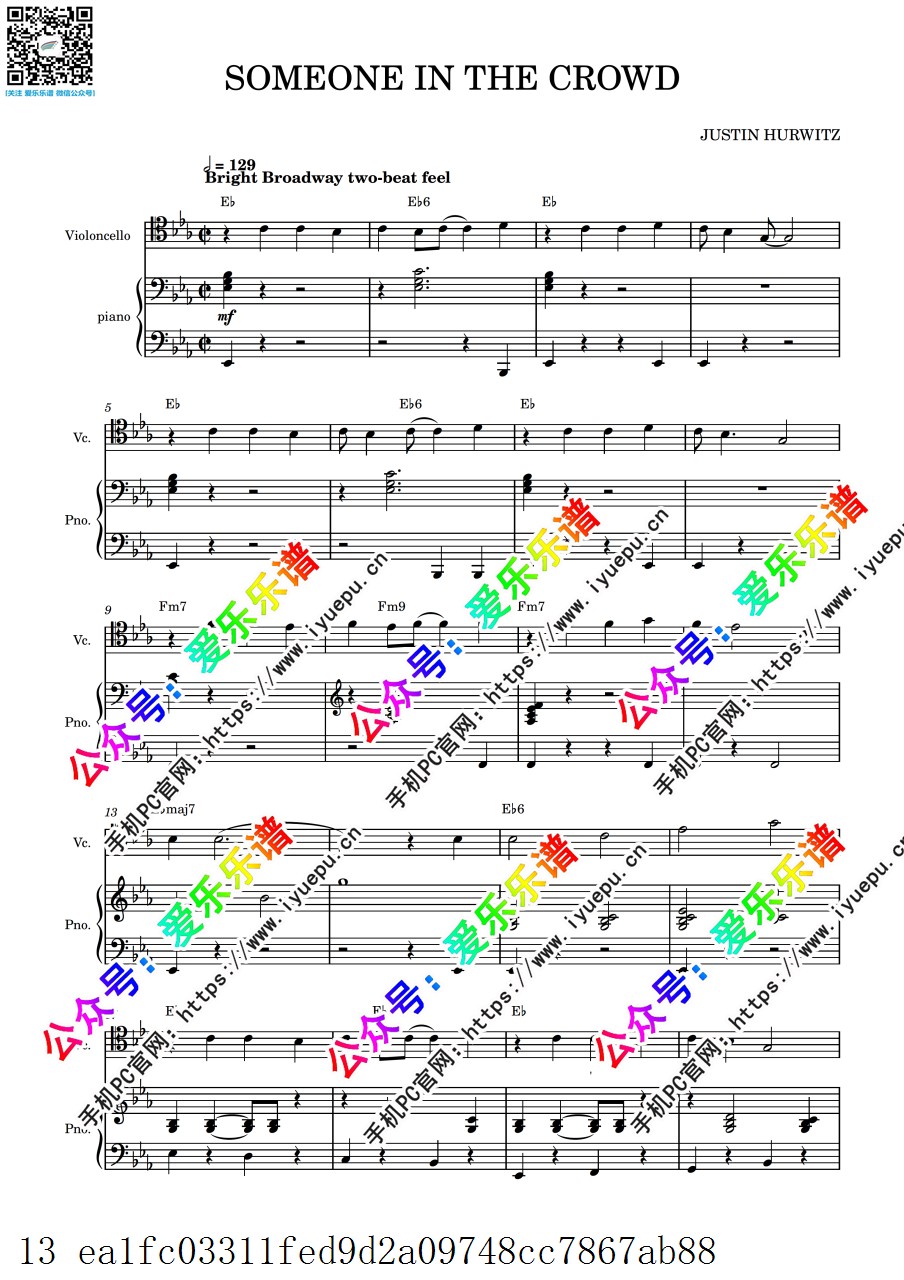 LALALAND 爱乐之城 插曲 Someone In The Crowd 大提琴谱与钢琴伴奏谱 乐谱曲谱总谱分谱伴奏音乐在线预览试听下载