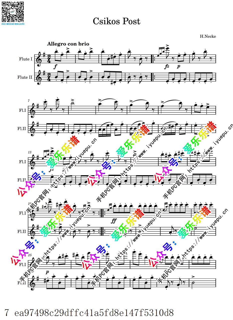 H.Necke 邮递马车 Csikos Post 双长笛二重奏-总谱和分谱 乐谱曲谱总谱分谱伴奏音乐在线预览试听下载