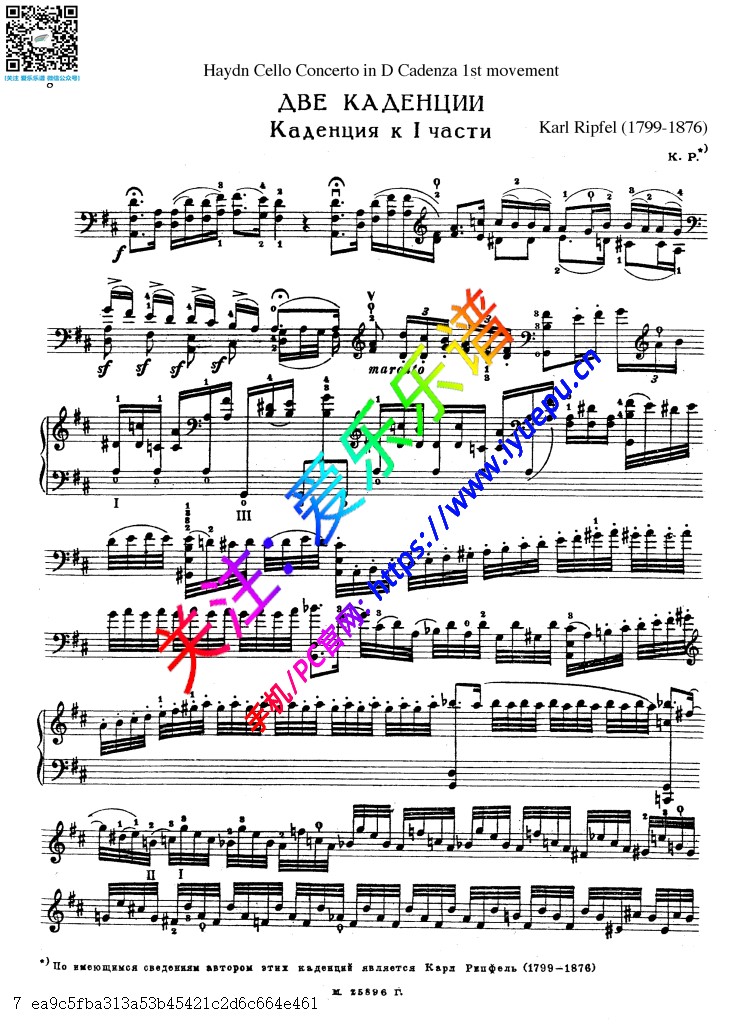 海顿D大调第二大提琴协奏曲 Op101大提琴华彩段Cadenza 1-2 (Ripfel) 乐谱曲谱总谱分谱伴奏音乐在线预览试听下载