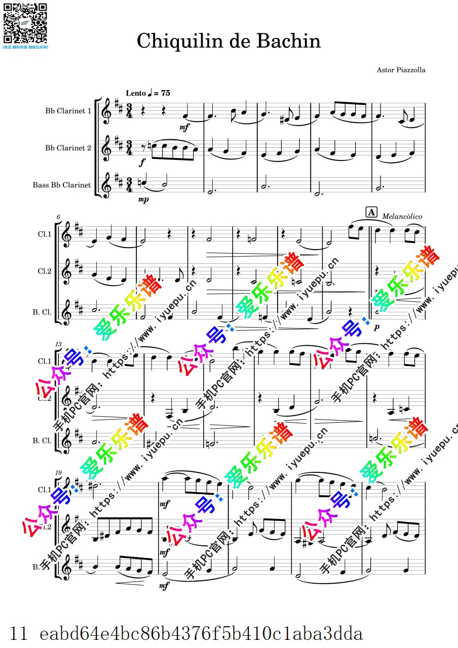 Piazzolla 皮亚佐拉 Chiquilin de Bachin 巴钦餐馆的卖花小孩 3单簧管三重奏-总谱和分谱 乐谱曲谱总谱分谱伴奏音乐在线预览试听下载