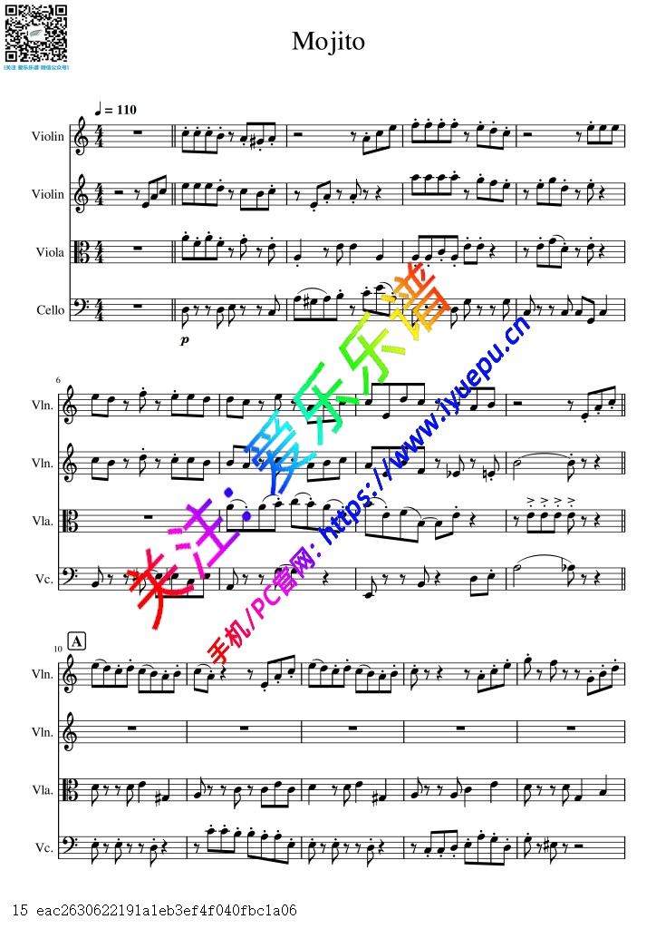 周杰伦 莫吉托 Mojito 2小中大提琴 弦乐四重奏总谱与分谱 V1 乐谱曲谱总谱分谱伴奏音乐在线预览试听下载