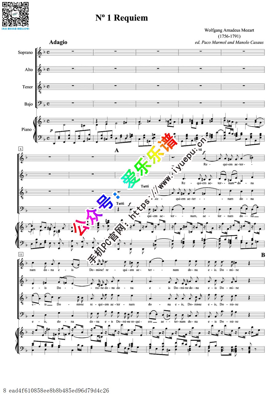 No1 requiem莫扎特安魂曲 KV 626 四声部合唱谱 钢琴伴奏谱 乐谱曲谱总谱分谱伴奏音乐在线预览试听下载