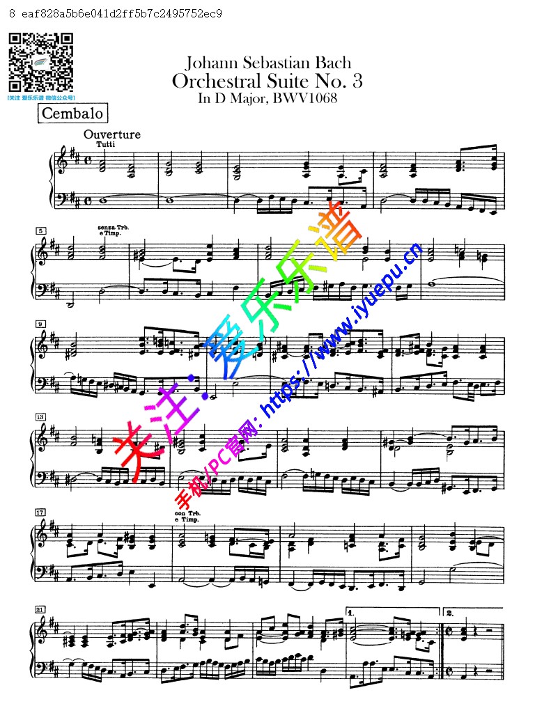 巴赫D大调第三管弦乐组曲-全6章 BWV1068 交响乐管弦乐团 钢琴分谱-peter 乐谱曲谱总谱分谱伴奏音乐在线预览试听下载