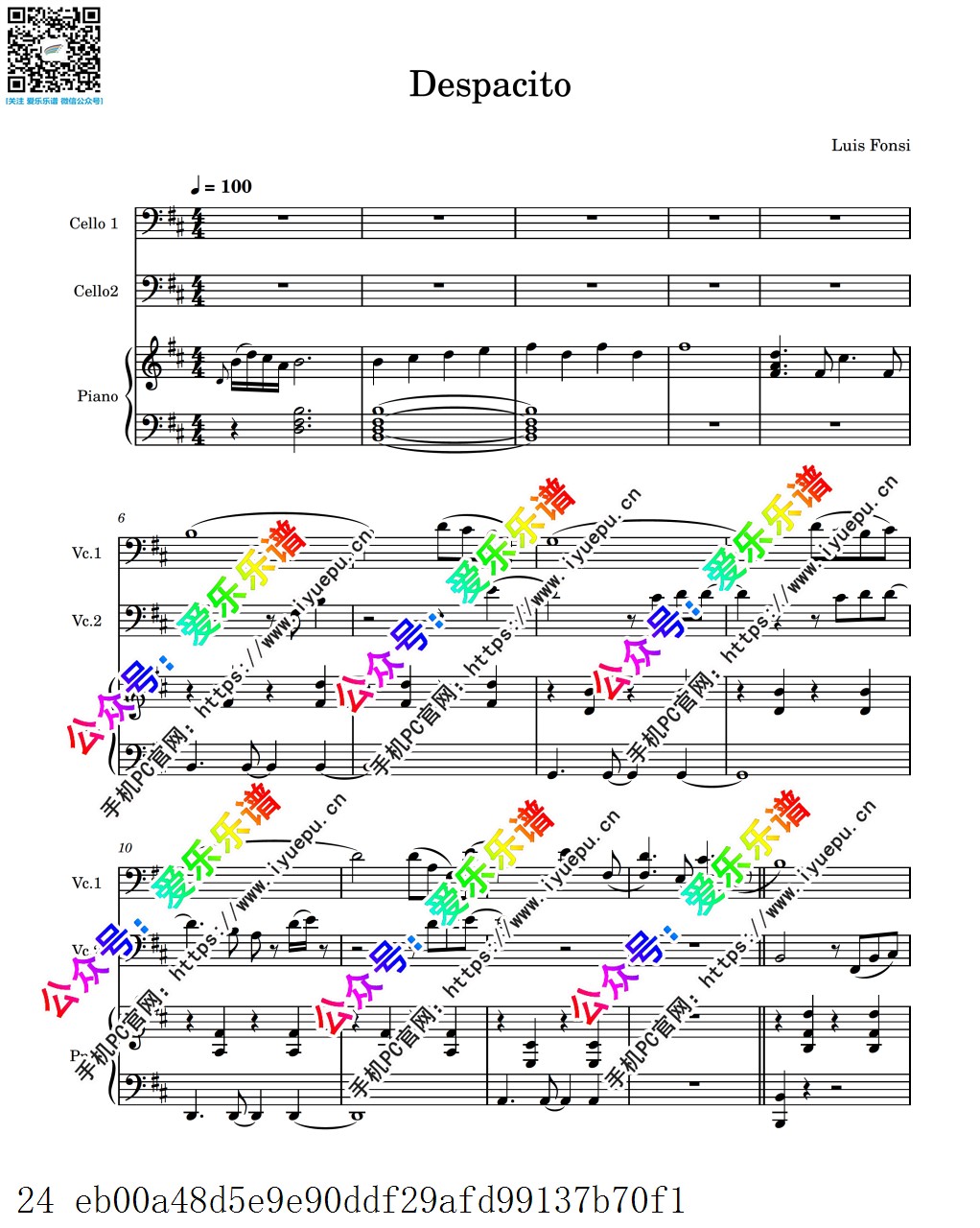 神曲 Despacito - Luis Fons 双大提琴钢琴三重奏 总谱分谱 乐谱曲谱总谱分谱伴奏音乐在线预览试听下载