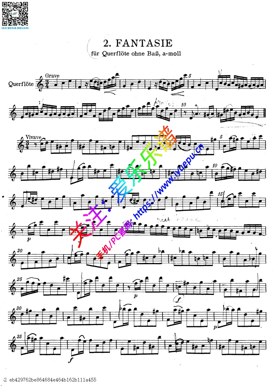 Telemann泰勒曼 十二首长笛幻想曲12 Fantasias for Flute without Bass TWV40 No.2 第二首 熊骑士版 乐谱曲谱总谱分谱伴奏音乐在线预览试听下载