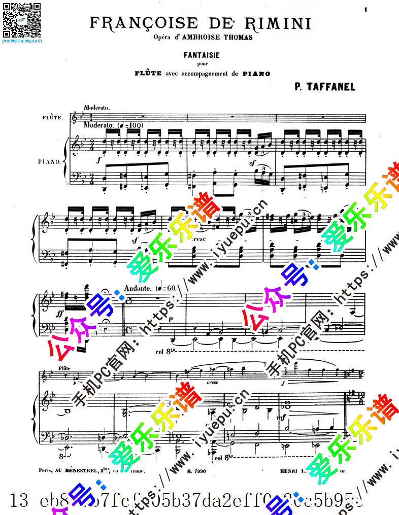 Taffanel, Paul 塔法内尔 Fantaisie sur 'Francoise de Rimini'  弗兰切斯卡-达-里米尼 主题幻想曲 长笛钢伴谱 乐谱曲谱总谱分谱伴奏音乐在线预览试听下载