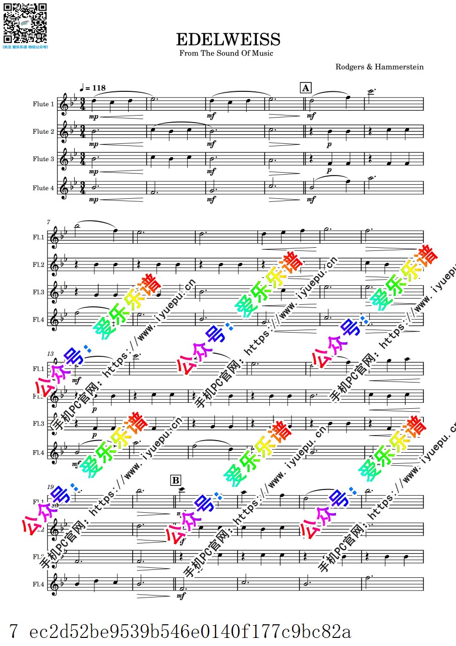 Edelweiss from Sound of Music 音乐之声 雪绒花 4长笛四重奏 总谱与分谱 乐谱曲谱总谱分谱伴奏音乐在线预览试听下载