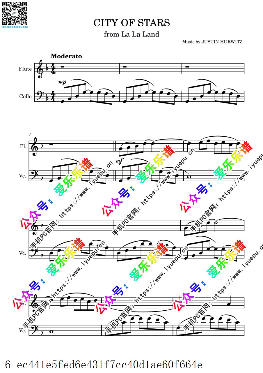 Lalaland 爱乐之城插曲 City of Stars 长笛大提琴二重奏-总谱与分谱 乐谱曲谱总谱分谱伴奏音乐在线预览试听下载