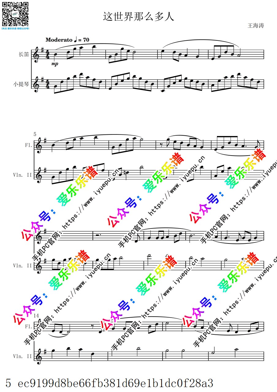 这世界那么多人 电影我要我们在一起主题曲 长笛小提琴二重奏 总分谱 乐谱曲谱总谱分谱伴奏音乐在线预览试听下载