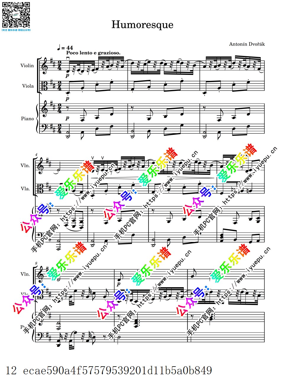 Dvorak 德沃夏克  Humoresque 幽默曲 小提琴中提琴钢琴三重奏 D-总谱和分谱 乐谱曲谱总谱分谱伴奏音乐在线预览试听下载