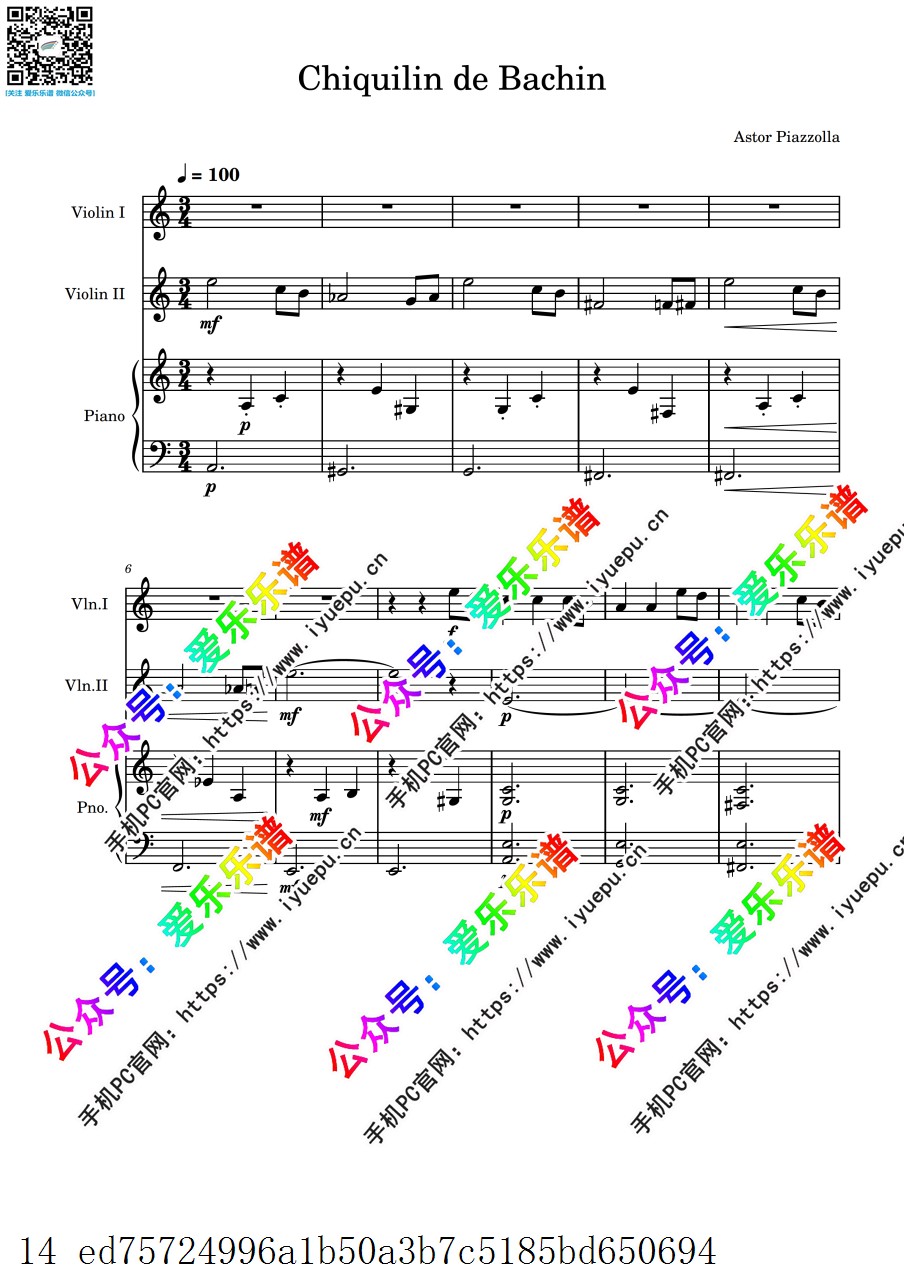 Astor Piazzolla 皮亚佐拉 Chiquilin de Bachin 巴钦餐馆的卖花小孩 双小提琴钢琴三重奏-总谱和分谱 乐谱曲谱总谱分谱伴奏音乐在线预览试听下载