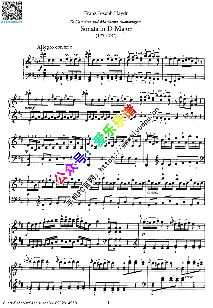 Haydn海顿D大调奏鸣曲 No50 HobXVI 37钢琴谱-1 乐谱曲谱总谱分谱伴奏音乐在线预览试听下载
