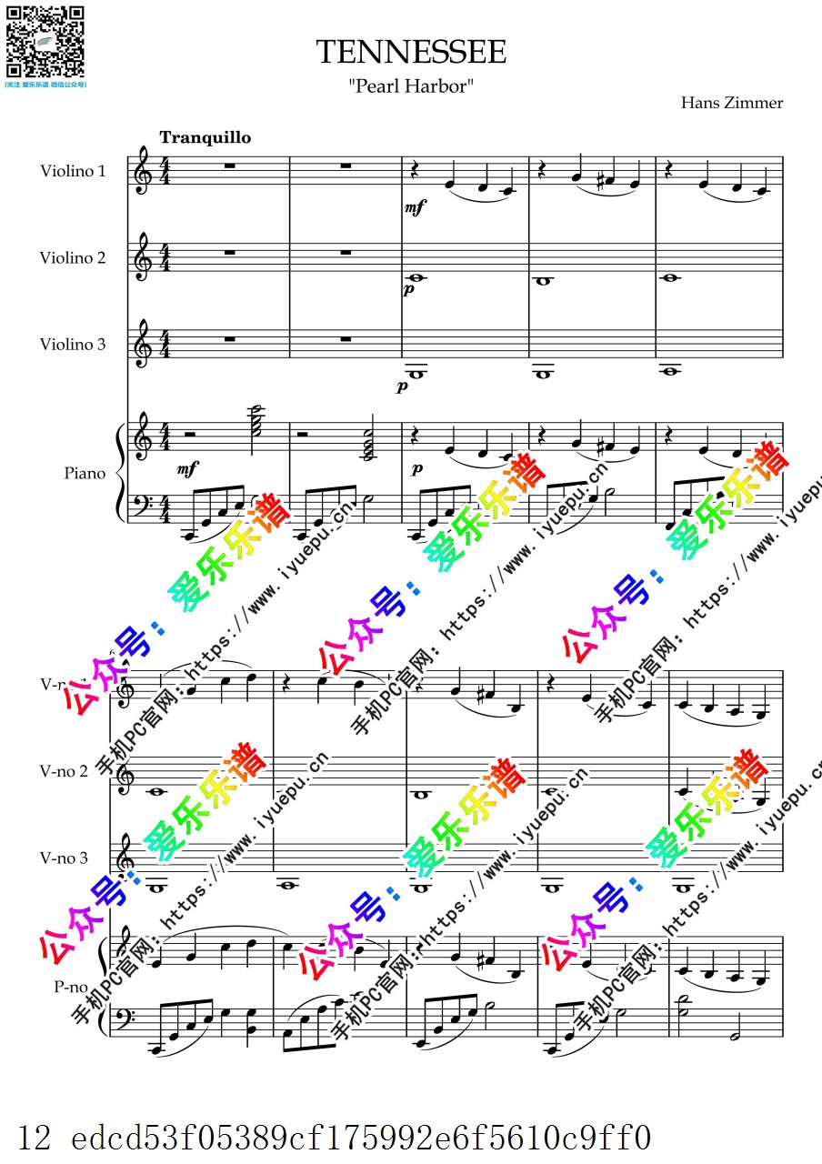 电影 PearlHarbor 珍珠港主题曲 Tennessee 田纳西 3小提琴钢琴四重奏-总谱和分谱 乐谱曲谱总谱分谱伴奏音乐在线预览试听下载