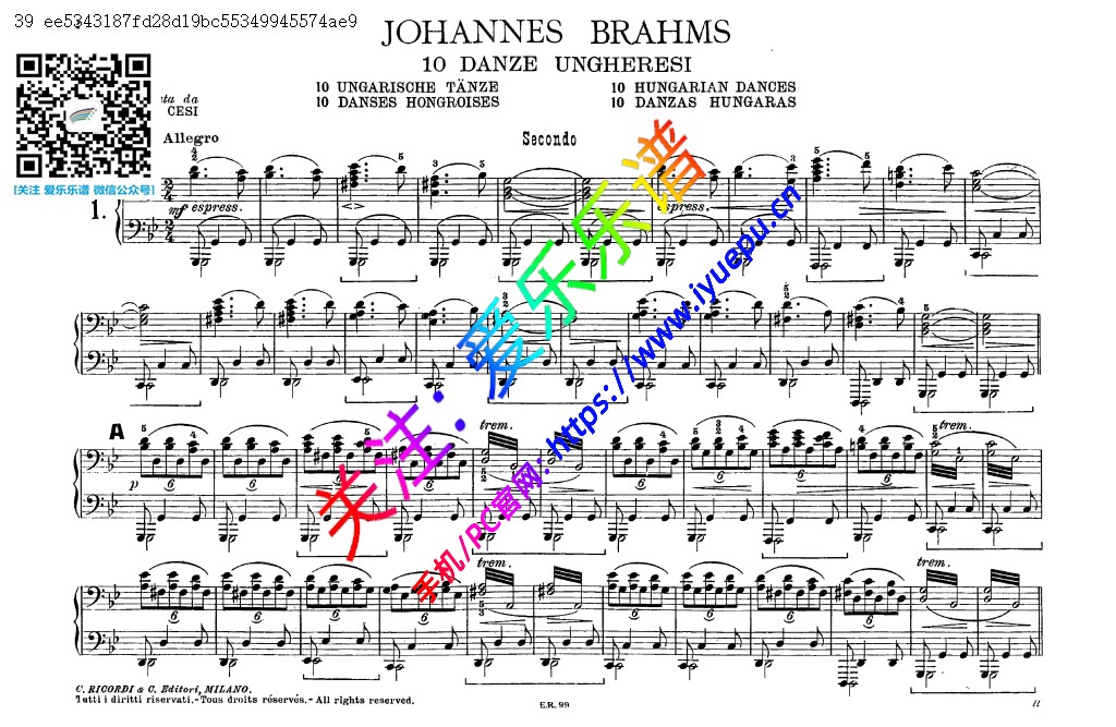 Brahms 勃拉姆斯 10首匈牙利舞曲No1-10  四手联弹 钢琴谱ER 乐谱曲谱总谱分谱伴奏音乐在线预览试听下载