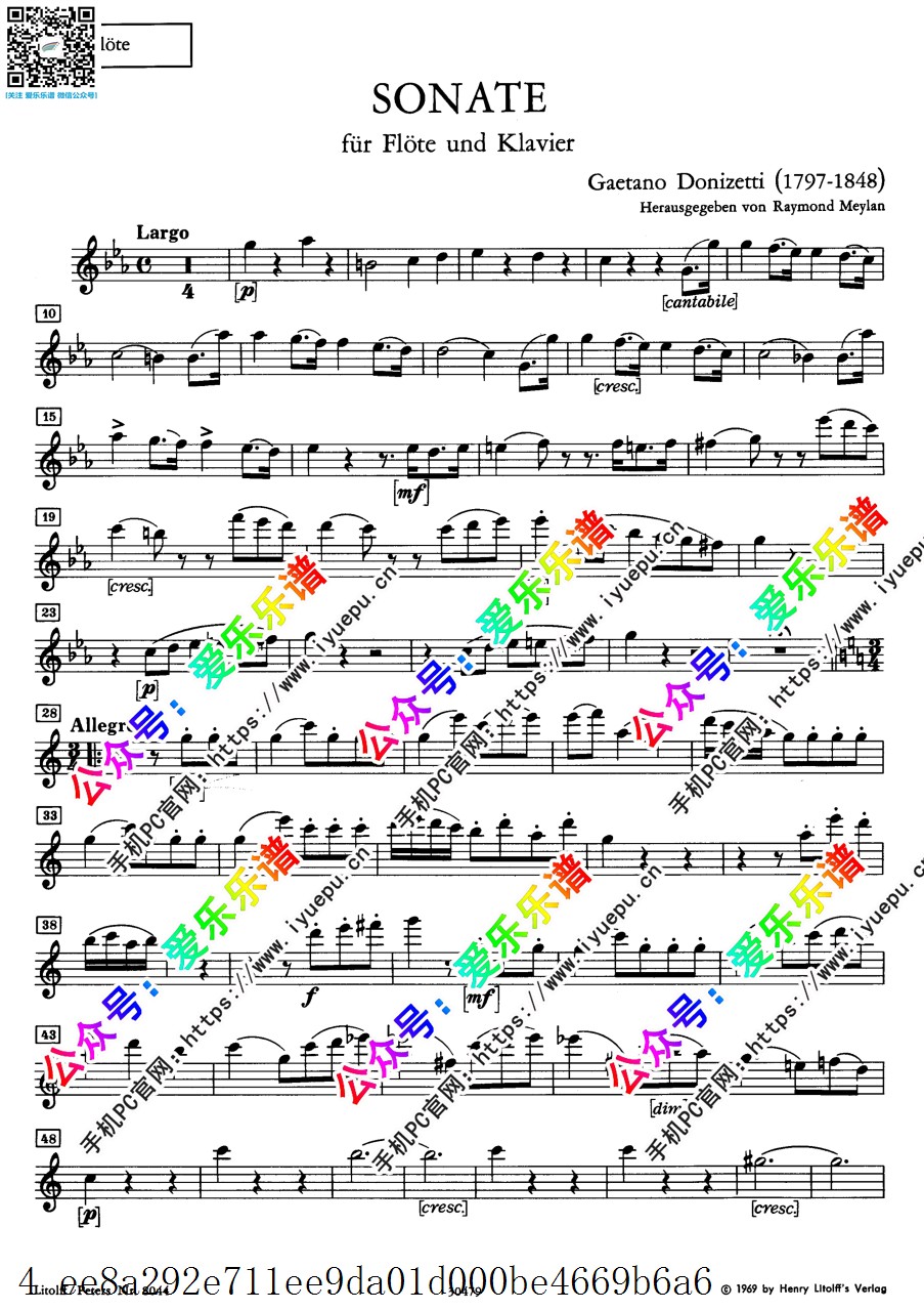 Donizetti 多尼采蒂 Flute Sonata A503 C大调长笛奏鸣曲 长笛谱 Peters原版 乐谱曲谱总谱分谱伴奏音乐在线预览试听下载