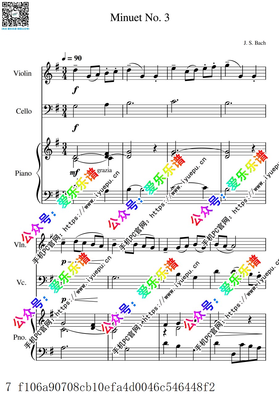 Minuet No.3 Bach 巴赫第三号小步舞曲 小提琴大提琴钢琴三重奏-总谱和分谱 乐谱曲谱总谱分谱伴奏音乐在线预览试听下载