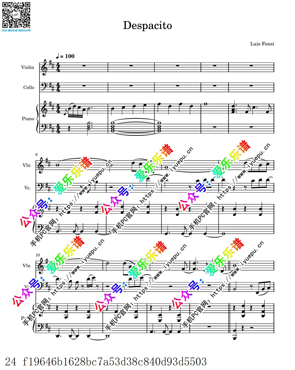 神曲 Despacito - Luis Fons 小提琴大提琴钢琴三重奏 总谱分谱 乐谱曲谱总谱分谱伴奏音乐在线预览试听下载