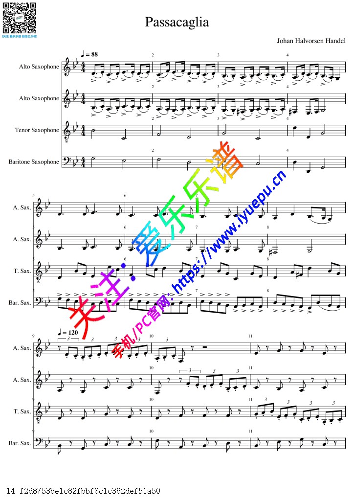 Handel 亨德尔 帕萨卡利亚 Passacaglia 2中次中上低音 萨克斯四重奏总谱与分谱 乐谱曲谱总谱分谱伴奏音乐在线预览试听下载